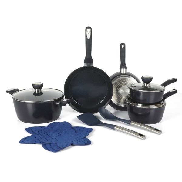 Oster Hawke, 14-Piece Cookware Set, Black/Blue