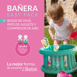 Bañera para Bebe Inflable Turquesa incluye Bolso de Viaje, Pato de Juguete y Compresor de Aire | Recién Nacidos hasta 12 Meses | Alberca para Bebe | CUPCAKE BABIES