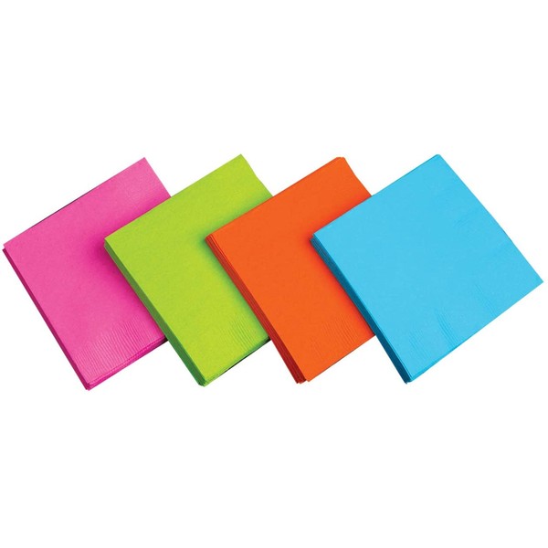 Party Essentials 2-Ply Paper Luncheon Napkins, Assorted Neon Brights, 48-Count
