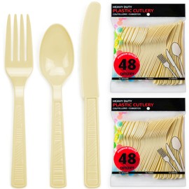 DecorRack Plastic Cutlery Set, Cream Colored Plastic Silverware Sets for Parties, 96 Piece Bulk Heavy Duty Utensils (Cream, 96 Pieces)