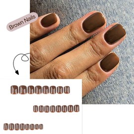 Brown Press on Nails Short Square Fake Nails Fall False Nails Press ons with Solid Color Design,Reusable Artificial Nails with Jelly Glue,Glossy Full Cover Stick on Nails for Women Manicure 24 Pcs