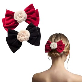 Large Velvet Hair Bow Clip with White Rose Accent, Large Size, Pack of 2, Black and Red
