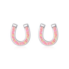 EVER FAITH 925 Sterling Silver Lucky Horseshoe Stud Earrings,Elegant Delicate Pink Created Opal Ear Jewelry for Women