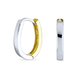 Classic Medium Simple Two Tone Oval U Mini Hoop Earrings Of Women Teens Polished Hinged .925 Sterling Silver
