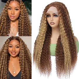 Alileona 13X4X1 Tpart Lace Highlight Blonde Deep Curly Synthetic Wigs For Black Women,Long Curly Synthetic Wigs Daily Parties Use(30INCH 30/27#)