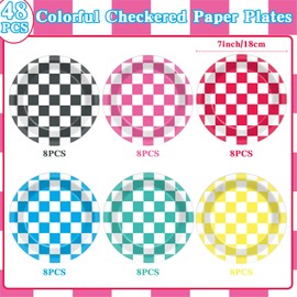48Pcs Colorful Checkered Plates Race Car Theme Party Supplies Gingham Paper Plates for Bachelorette Bridal Shower Birthday Party Decorations Carnival Fiesta Decor Colorful Plaid Tableware