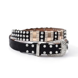 Sethexy Rhinestone Belt for Women Western Cowgirl Bling Crystal Studded Leather Belt for Jeans Pants, black