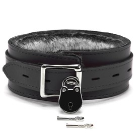 VP Leather Barcelona Collar Full Grain Leather Latigo Leather Faux Chinchilla Fur (Large, Black)