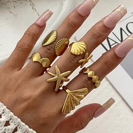 Starfish Seashell Statement Rings for Women Chunky Gold Stackable Rings Summer Beach Jewelry Gifts