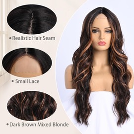 Dark Brown Wig With Highlight for Women Middle Part Brown Mixed Blonde Wavy Wigs With Highlights Natural Looking Synthetic Heat Resistant Fiber Wig for Daily Party Use (26 Inch)