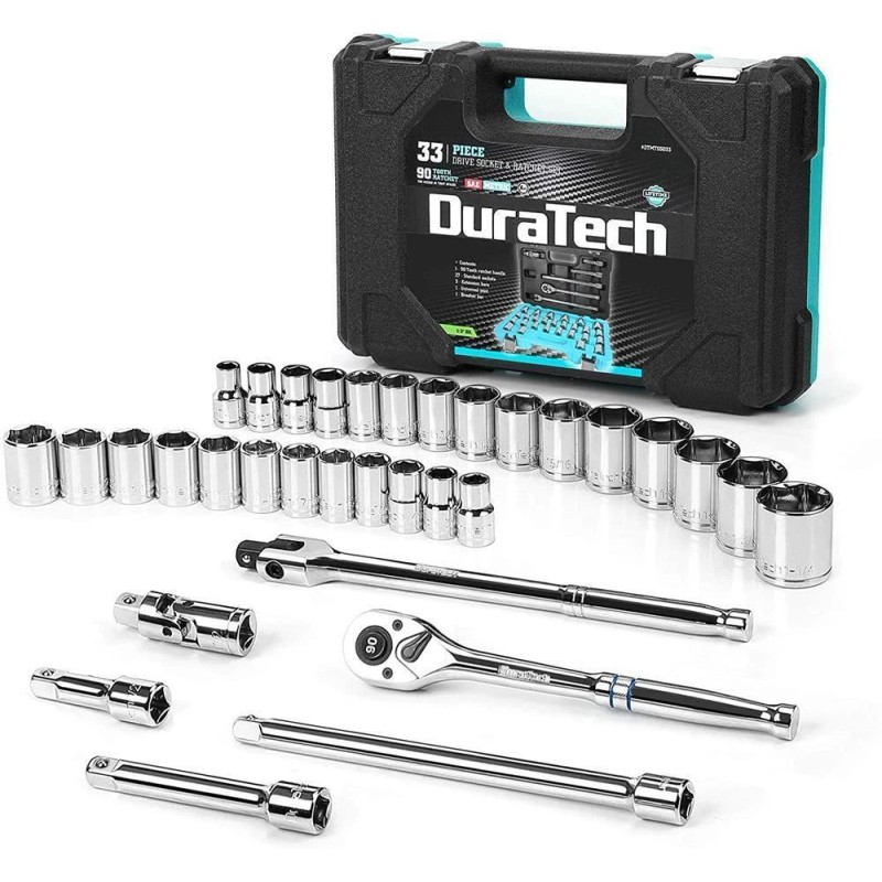 DURATECH 1/2" Drive Socket Set 33-piece Metric/SAE Sockets /2-Inch Ratchet