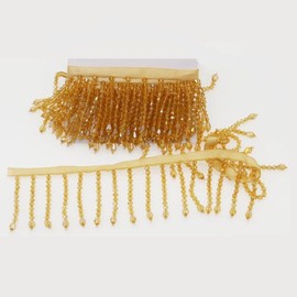 Yalulu 2 Yards Beaded Fringe Trim, 2.1inch Wide Crystal Beads Tassel Lace Ribbon, Tassel Trim Fringe Fabric DIY Craft Sewing Accessory (Gold)