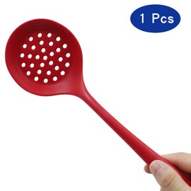 BokWin 1 Pcs Round Slotted Spoon Heat Resistant Silicone Strainer Spoon Non Stick Skimmer Spoon for Cooking Vegetable(Red)