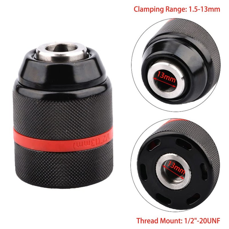 Saipor 1.5-13mm Quick Change Keyless Chuck Self-Tighten 1/2"-20UNF Thread Hand