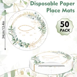 Tarklanda Baptism Paper Placemats Disposable 50 Pack Green Eucalyptus Leaves Place Mats 13.4 Inch Round Religious Table Mats for First Communion Baby Shower Wedding Birthday Tea Party Decoration