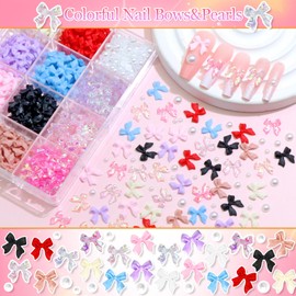 RODAKY Mixed Color Bow Nail Charms Aurora Bowknot Charms for Nails White Nail Pearls Gems Cute 3D Nail Bows Decoration Accessories Craft DIY Embellishment