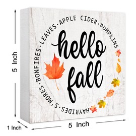Hello Fall Maple Leaves Wood Box Sign Funny Autumn Wooden Block Desk Decor for Home Office Kitchen Cubicle Table Shelf Tabletop,Farmhouse Fall Sign Decor
