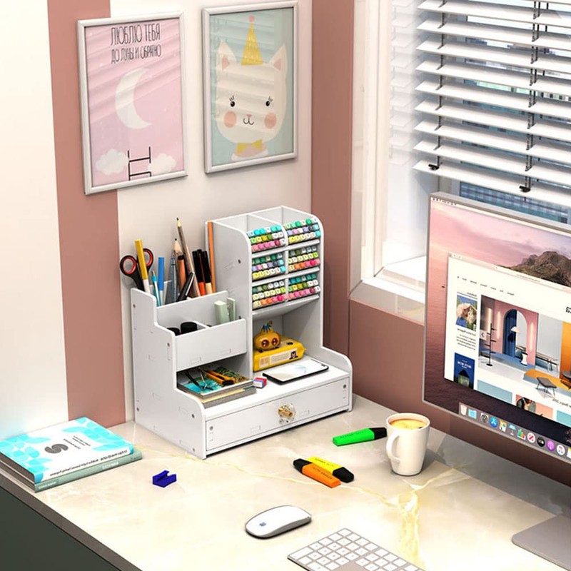 Hggzeg Desk Organiser with Drawer, Multi-Purpose Pen Holder, Stationery Desk