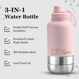Tail Wagging Love 32oz 3-in-1 Travel Water Bottle for Dogs & Humans, Dual Use, Stainless Steel, Keeps Water Hot 6hrs/Cold 12hrs, Leak-Proof with Detachable Food & Water Bowls, Perfect for Travel
