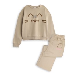 Pusheen Girls Sweatshirt & Joggers Set | Kids Big Character Face Graphic Print Sweater & Bottoms in Beige | Childrens Crewneck Pullover and Sweatpants | Cute Cartoon Cat Merchandise Gift