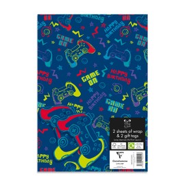 Eurowrap Happy Birthday Gamer Gift Wrap Paper Game On Birthday Boy Gift Wrap Occassions 2 Sheets & 2 Gift Tags 50cm x 70cm