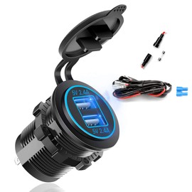 Dual USB Fast Charger Socket, Waterproof Power Outlet 4.8A with LED Voltmeter+Wire Build in 10A Fuse DIY Kit for 12V/24V Marine Boat Golf Cart Truck Motorcycle More, Blue LED Display