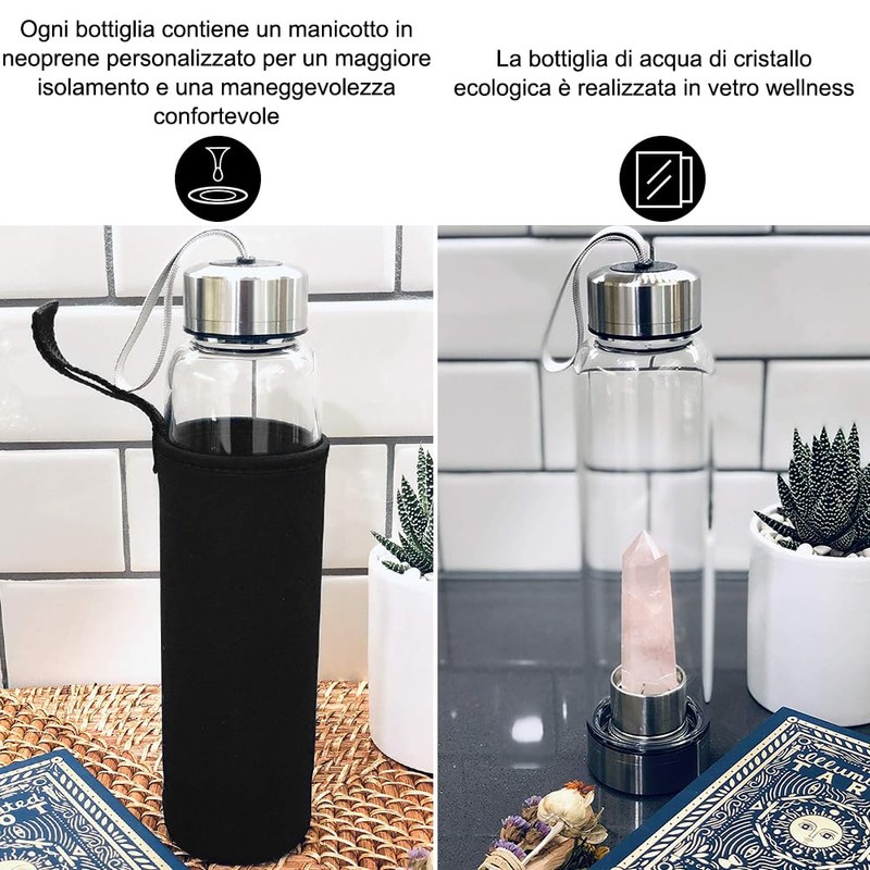 HINATAA Crystal Water Bottle, Removable Healing Natural Quartz Water Bottle,