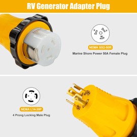 LAZMUMI NEMA L14-30P to SS2-50R Twist Lock RV Generator Marine Shore Power Adapter Plug, 30 Amp 4 Prong Generator L14-30P Male to 50 Amp Marine Shore Power SS2-50R Receptacle 125/250V, ETL Listed