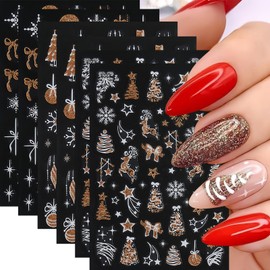 6 Sheets Gold Glitter Christmas Snowflake Nail Stickers 3D Self-Adhesive Christmas Tree Snowball Bow Nail Decals Xmas Snow Nail Design Gold Shiny Elk Lantern Nail Supplies for Women Nail Decorations