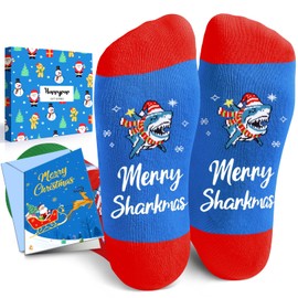 HAPPYPOP Christmas Gifts Stocking Socks for Teen Men Women - Secret Santa Socks Xmas Stocking Stuffers Greeting Card for Dad Mom Blue Shark Ocean Animal
