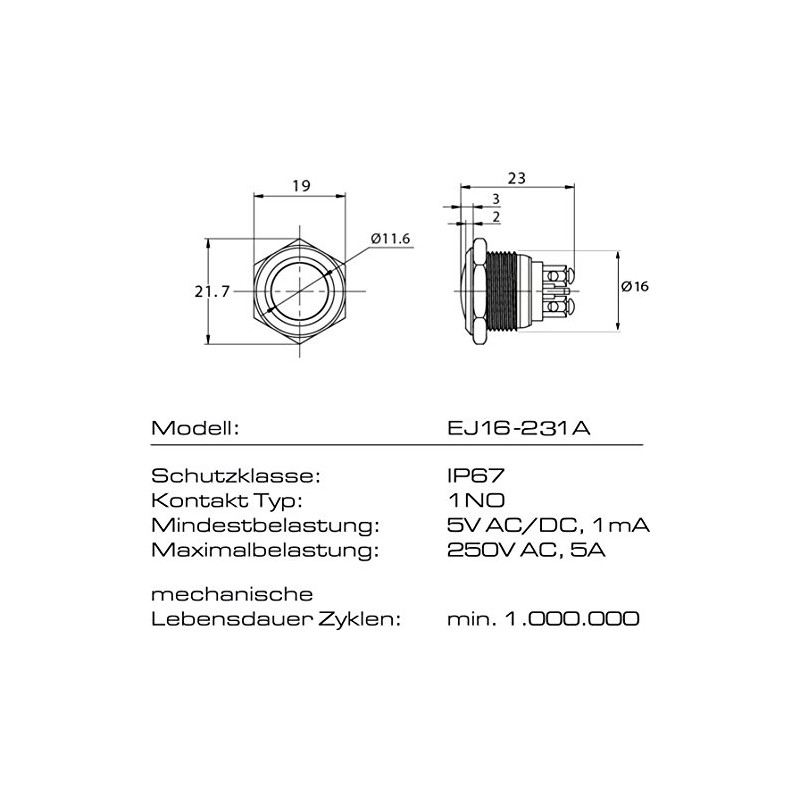 Push Button – Screw Contacts – Diameter 16 mm –