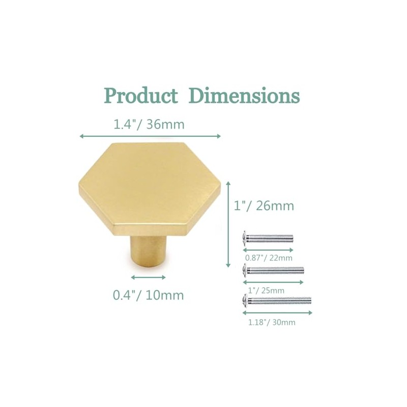 6 Pack Gold Hexagon Cabinet Knob Dresser Knobs 1.2" Diameter
