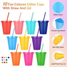 Plastic Cups with Lids and Straws: 10 Pack 16 oz Glitter Reusable Party Cups Bulk, Plastic Tumblers Iced Coffee Cold Cups for Adults Kid Women, Cute Travel Cups for Water & Smoothie