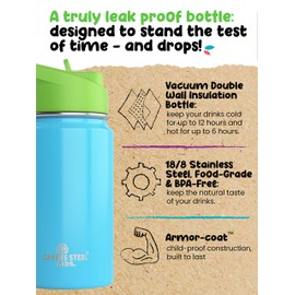 Kids Water Bottle - 350ml, Blue | Leak Proof with Straw & Handle | 12 Cold | Insulated, Double Wall Stainless Steel | Easy Sip Toddler Cup | Child's Flask | Eco Friendly