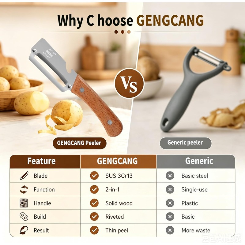 MultiFunctional Vegetable Peeler, Non-Slip Wooden Handle with Sharp Stainless Steel