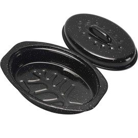 13 Inch Small Roasting Pan with Lid - Covered Oval Roaster - Enamel Carbon Steel Roaster Pot - Excellent Heat Distribution and Non-sticky - for Turkey Chicken Meat & Vegetables