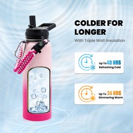 RAYMYLO Insulated Water Bottle 40 oz, Triple Wall Vacuum Stainless Steel (Cold for 48 Hrs), Leak Proof & Non-BPA, Modern Water Flask Jug with Paracord Handle & Straw Spout Lids, Ombre Pink