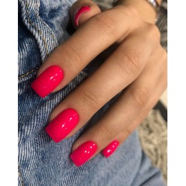 LY LANYOS Press On Nails Short on 24PCs，Stick on Nails Glue on Nails False Nails，Solid Dark Color Fake Nails Short Square Medium Shape, (Hot Pink, Short)