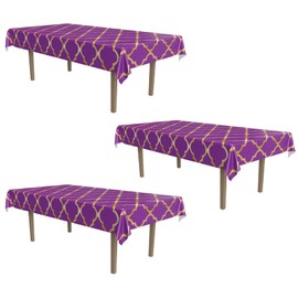 Beistle Lattice Tablecovers, 54” x 108”– Plastic Table Cloth, Moroccan Decorations for Party, Moroccan Tablecloth, Arabian Nights Theme Party, Rectangular Table Cloth Purple/Gold, 3 Pieces