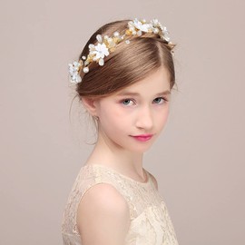IYOU Pearl Princess Helmet Gold Rhinestone Wedding Headband Date Birthday Promo Hair Accessories for Girls Flowers and Bridesmaid