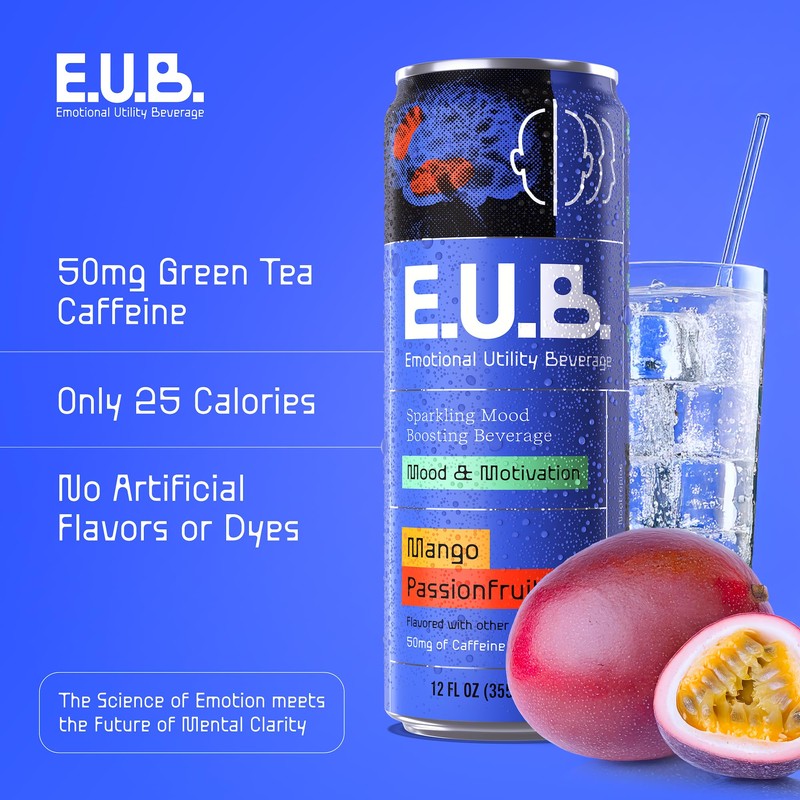 E.U.B. Mango Passionfruit Sparkling Functional Beverage, 12oz Can, 50mg Caffeine,