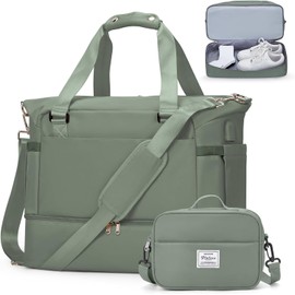 Sports Gym Bag Womens Men, Weekender Overnight Bag with Shoes Compartment & Wet Pocket, Waterproof Sports Travel Duffel Bag with USB Charging Port, Hospital Bag, Green