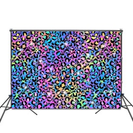 Fitumiw Neon Rainbow Leopard Backdrop 8x6ft Sparkly Paint Splatter Photography Background Party Decorations for Girls Leopard Pattern Banner Photo Booth Props