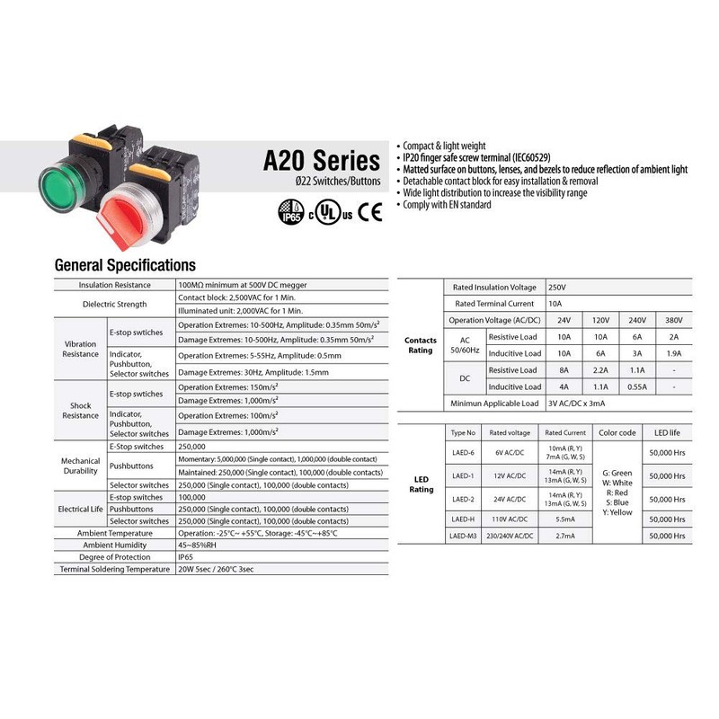 A20F-31E20QM3S, 22mm Selector Switch, 3 Positions, Illuminated, Spring Return from