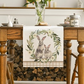 Artoid Mode Buffalo Plaid Bunny Rabbit Wild Flowers Easter Table Runner, Seasonal Kitchen Dining Table Decoration for Home Party Decor 13x60 Inch