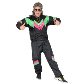 Foxxeo 80s Costume for Adults Premium 80s Tracksuit Assi – Men's Size S–XXXXL – Carnival Suit, Colour Black/Green/Pink, Size: L: