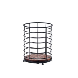 Eden & Willow Rustic Metal Cutlery Holder Basket with Wooden Base for Kitchen Utensils Organisation
