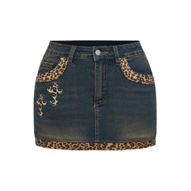 MakeMeChic Women's Leopard Print Skinny Fit Vintage Y2K Denim Bodycon Short Mini Skirts Dark Grey Large