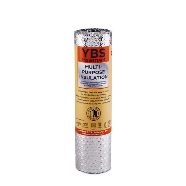 YBS Essentials Multi Purpose Bubble Foil Insulation Roll | 600mm x 5m, 3.5mm Thickness | DIY 3-in-1 Thermal Reflective Insulation | Radiator Foil | Roofs, Walls, Floors, Motorhomes, Cellar & Garages