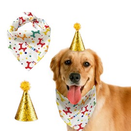 Dog Birthday Hat and Dog Birthday Bandana for Boy/Girl Dog Party Hat Scarf for Small Medium Large Dog Pet Dog Birthday Party Supplies(Gold)